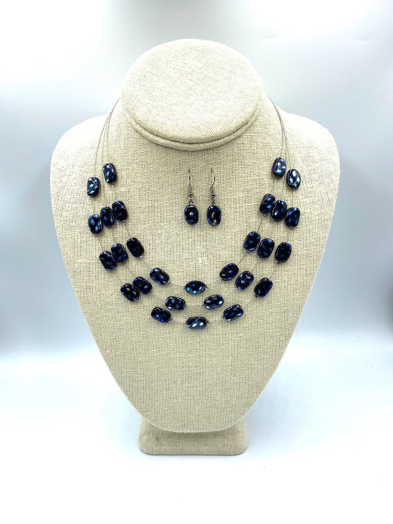 Czech Glass Jewelry Handmade Jewelry Electric Blue 3 Strand Short Necklace Set Artisan Jewelry Beaded Jewelry Women/'s Jewelry Gift