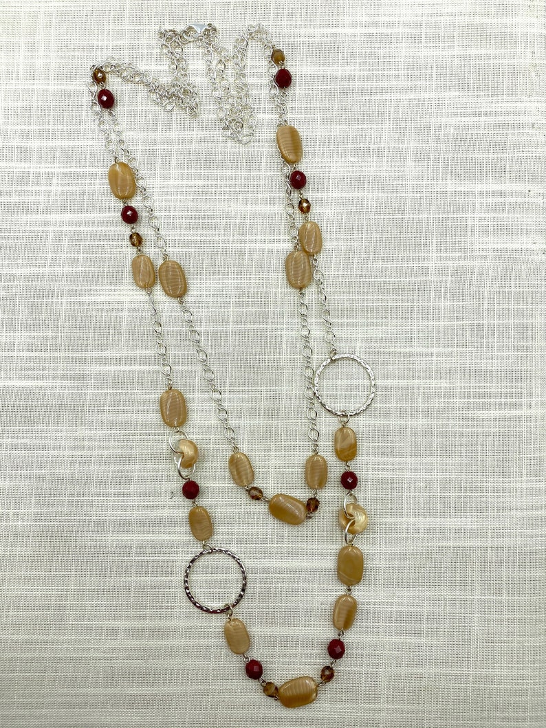 Handmade Jewelry Czech Glass Jewelry Red Long 2 Strands Necklace Beige Artisan Jewelry Beaded Jewelry Women/'s Jewelry Gift