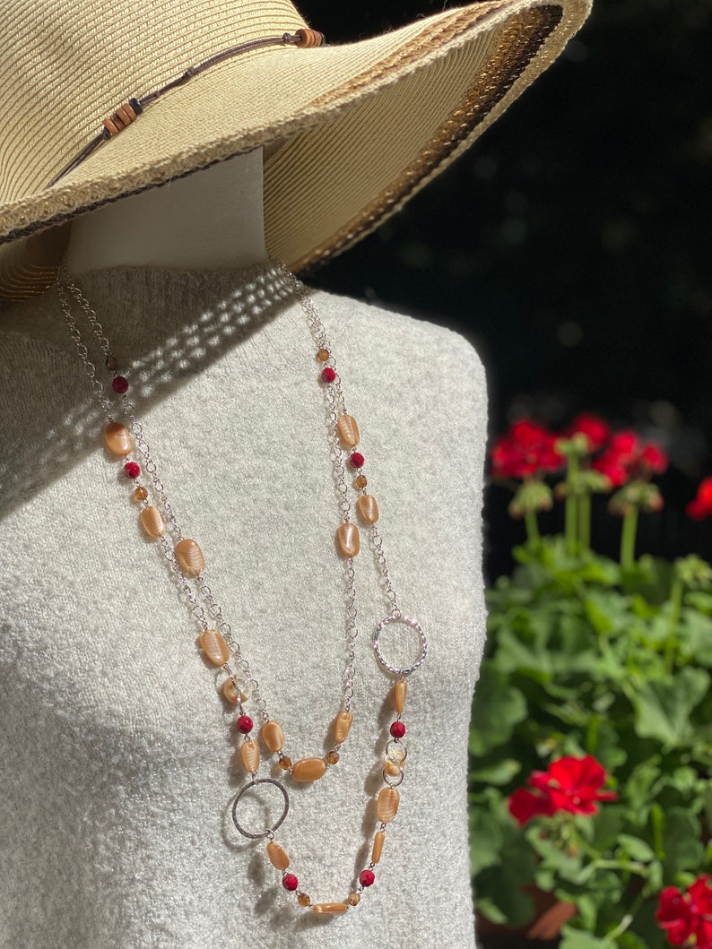 Handmade Jewelry Czech Glass Jewelry Red Long 2 Strands Necklace Beige Artisan Jewelry Beaded Jewelry Women/'s Jewelry Gift