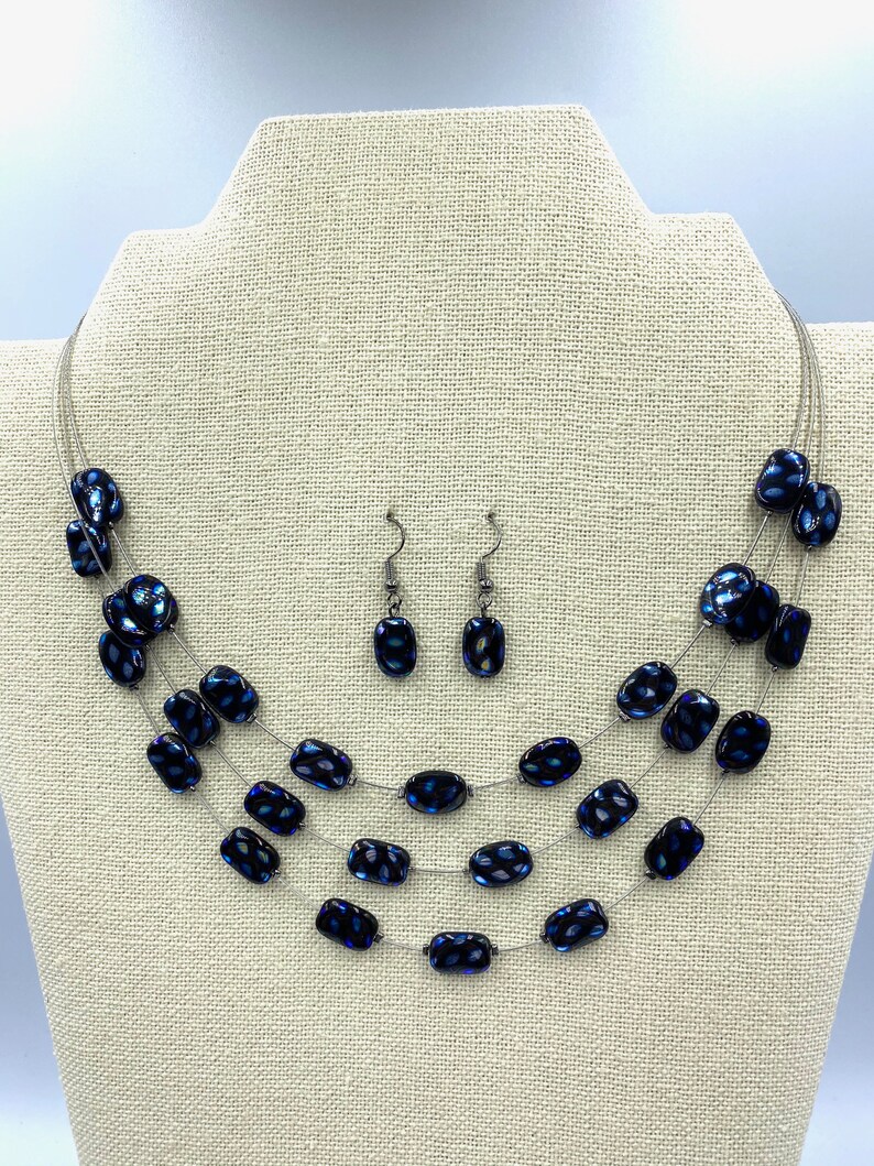 Czech Glass Jewelry Handmade Jewelry Electric Blue 3 Strand Short Necklace Set Artisan Jewelry Beaded Jewelry Women/'s Jewelry Gift