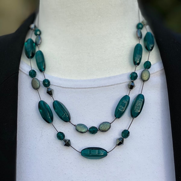 Emerald Green 2 Strands Necklace Set - Czech Glass , Artisan Jewelry, Handmade,  Women's Jewelry Gift, Earrings