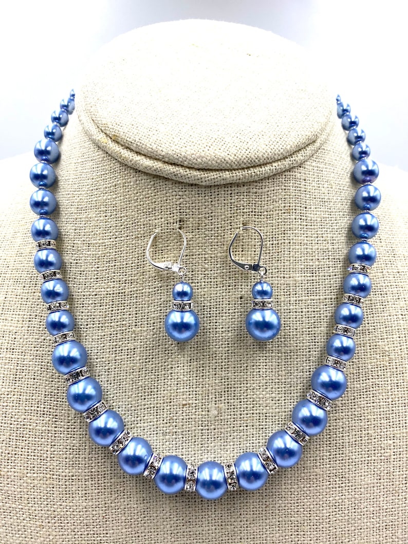 Light Blue Czech Glass Pearls with Rhinestone Rondels Necklace Set Women/'s Jewelry Gift Artisan Jewelry Czech Glass Handmade