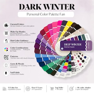 May include: A Dark Winter personal color palette fan featuring a circular arrangement of color swatches in various hues. The fan includes a purple label reading DEEP WINTER Inverno Escuro and lists categories like Curated Colors, Make Up Shades, Hair Color Guidance, Color Combinations, Patterns, Gems & Metals, and Nail Polish.