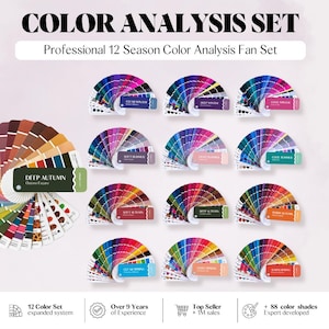 May include: A professional 12 season color analysis fan set featuring multiple color swatches arranged in fan decks. The text reads COLOR ANALYSIS SET, Professional 12 Season Color Analysis Fan Set, 12 Color Set, Over 9 Years of Experience, Top Seller + 1M sales, and + 88 color shades Expert developed.