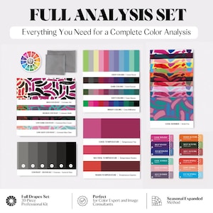 Puede incluir: Un kit de análisis de color de 39 piezas que incluye una rueda de color, muestras de tela gris y varias tarjetas impresas que muestran paletas de colores, niveles de contraste, escalas de temperatura y categorías estacionales con etiquetas.
