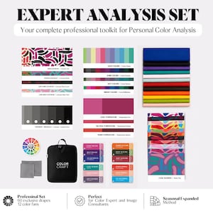 May include: An expert analysis set for personal colour analysis including a black carrying case labelled COLOR CRAFT, a colour wheel, grey swatches, fabric drapes in various solid colours, patterned drapes, and labelled cards for seasonal colour palettes.