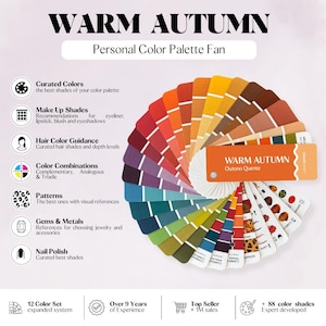 Könnte beinhalten: Ein Warm Autumn Farbpaletten-Fächer mit einer kreisförmigen Anordnung von Farbmustern in Rot-, Orange-, Gelb-, Braun-, Grün- und Violetttönen. Der Fächer enthält Textbeschriftungen für Make-up, Haarfarben, Edelsteine und Muster mit Symbolen.