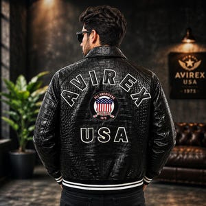 Avirex Crocodile Embossed Bomber Jacket for Men Vintage Varsity Flight Coat Statement Back Patch Outerwear Streetwear Motorcycle Style Gift