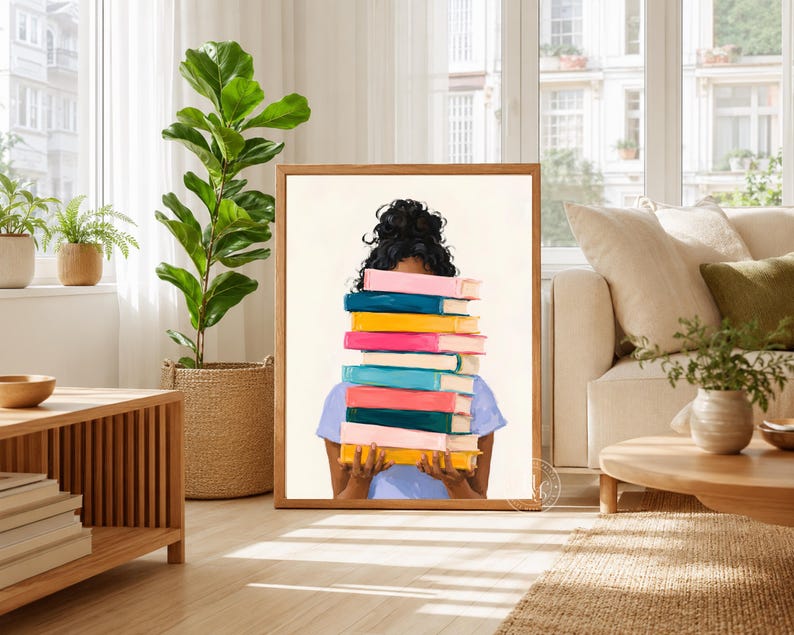 Book Stack Print Colorful Book Stack – Book Lover Printable Wall Art, Whimsical Reading ...