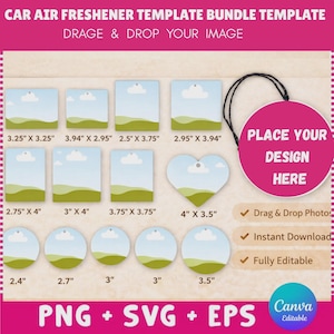 May include: A digital car air freshener template bundle featuring various shapes including squares, rectangles, circles, and a heart. Each shape displays a landscape graphic with dimensions in inches. Text includes CAR AIR FRESHENER TEMPLATE BUNDLE.