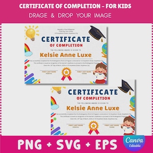 May include: A digital certificate of completion template for children featuring a light background with colourful graphics including a lightbulb, rainbow, globe, graduation cap, and a star award. The text reads Certificate of Completion, Kelsie Anne Luxe, and includes placeholders for names, dates, and signatures.