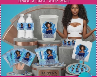 May include: A digital birthday party Canva frame template featuring a white plastic cup, two clear water bottles, and a white t-shirt, all decorated with a blue balloon graphic and a portrait of a woman. The text reads Harper and Birthday Party.