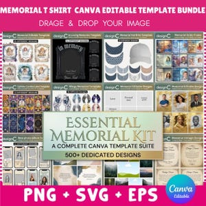 May include: A digital bundle of memorial design templates for Canva, featuring various layouts for t-shirts, photo albums, and candles. The collection includes over 500 editable designs with angel motifs, frames, and text placeholders for memorial projects.