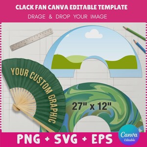 Op de afbeelding: Een digitaal sjabloon voor een clack-waaier met een groene waaier met de tekst YOUR CUSTOM GRAPHIC, een landschapsontwerp met heuvels en wolken, en een gemarmerd patroon met de tekst 27 inches by 12 inches, inclusief een liniaal.