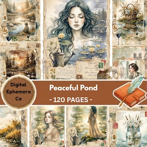 Pode incluir: Uma coleção de páginas de efêmera digital intitulada Peaceful Pond, contendo 120 páginas de ilustrações em aquarela de um lago, uma mulher, lírios d'água, um regador e cartas manuscritas, selos e esboços botânicos de estilo vintage.