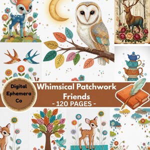 Op de afbeelding: Een verzameling digitale ephemera met patchwork-stijl illustraties van een reekalf, een kerkuil, een hert in een bos, zwaluwen, een gestapelde theepot, een boom en regenwolken, met de tekst Digital Ephemera Co Whimsical Patchwork Friends - 120 PAGES.