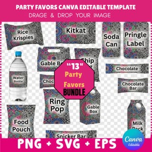 May include: A digital party favours Canva editable template bundle featuring 13 items with a colourful geometric pattern. Text includes PARTY FAVORS CANVA EDITABLE TEMPLATE, DRAGE & DROP YOUR IMAGE, 13 Party Favors BUNDLE, PNG, SVG, EPS, and Canva Editable.