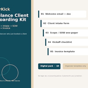 May include: A digital freelance client onboarding kit featuring a dark teal sidebar with the text ClearKick Freelance Client Onboarding Kit, Welcome Intake SOW Kickoff Invoice, and Templates Docs & Sheets No macros. The light section lists five steps.