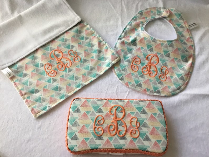 Gender neutral Baby Shower gift set Baby Bib and Burps Personalized Baby items Travel wipescases Baby wipes Diaperbag items