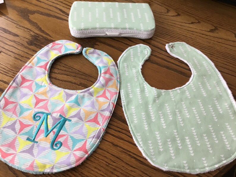 Gender neutral Baby Shower gift set Baby Bib and Burps Personalized Baby items Travel wipescases Baby wipes Diaperbag items