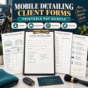 Könnte beinhalten: Ein Set aus druckbaren Kundenformularen für die mobile Fahrzeugaufbereitung, bestehend aus Aufnahmeformular, Inspektionsbogen, Checkliste und Pflegeanleitung, mit Textüberschriften, Kontrollkästchen und Symbolen zur Fahrzeugwartung.