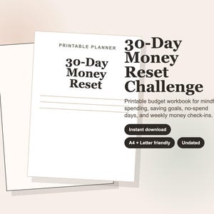 Könnte beinhalten: Ein druckbarer Planer mit dem Titel 30-Day Money Reset Challenge. Das Dokument enthält Abschnitte für achtsame Ausgaben, Sparziele, ausgabenfreie Tage und wöchentliche Finanzchecks. Es bietet Optionen für A4 und Letter-Format.
