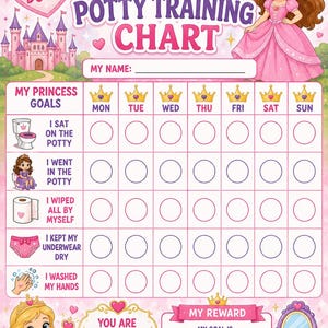 May include: A pink princess potty training chart featuring a cartoon princess, a castle, and a grid for tracking daily goals like sitting on the potty, wiping, and washing hands. The text includes Princess Potty Training Chart, I Can Do It!, and You Are Doing An Amazing Job!