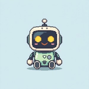 Può includere: Un robot in pixel art con un busto verde chiaro, arti grigio scuro e un casco bianco. Il robot presenta due occhi circolari gialli luminosi, un piccolo sorriso arancione e guance rosa. Una piccola antenna è posizionata sopra il casco.
