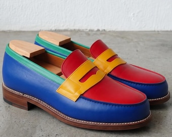 Handmade Multicolor Leather Penny Loafers – Artistic Patchwork Leather Dress Shoes