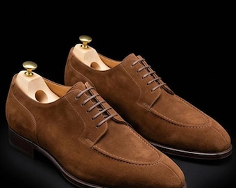Handgemaakte, op maat gemaakte, bruine suède leren wingtip oxford veterschoenen voor heren