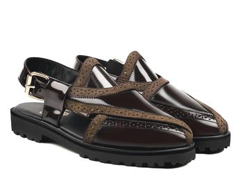 Mens Brown Patent Leather T Strap Sandals, Brogue Cutout Lug Sole Peshwari Chappal