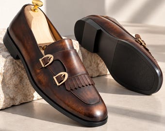 Men's Brown Leather Double Monk Strap Kiltie Loafers