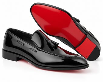 Christian Louboutin Men's Black Patent Leather Tassel Loafers: Red Sole Slip-Ons