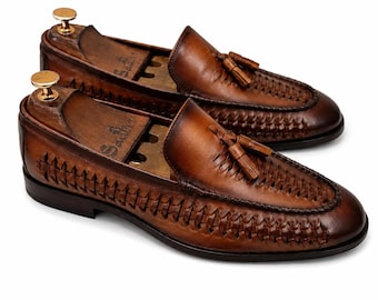 Handmade Brown Leather Tassel Loafers, Woven Moccasin Slip-On Dress Shoes