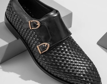 Handmade Black Leather Double Monk Strap Shoes: Men's Formal Oxfords