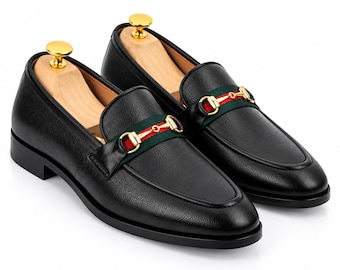 Handmade Black Leather Horse Bit Loafers: Men's Dress Moccasins