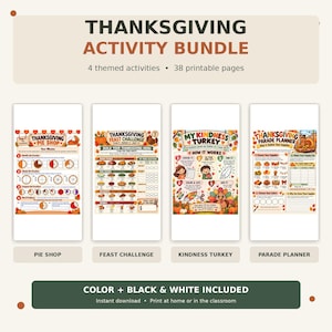 Könnte beinhalten: Ein Thanksgiving-Aktivitätenpaket mit 38 druckbaren Seiten und 4 thematischen Aktivitäten: Thanksgiving Pie Shop, Thanksgiving Feast Challenge, My Kindness Turkey und Thanksgiving Parade Planner, inklusive Farb- sowie Schwarz-Weiß-Versionen.