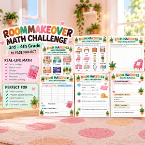 May include: A 10-page Room Makeover Math Challenge project for 3rd-4th grade students. The educational set includes worksheets for planning room styles, shopping for furniture, budgeting, designing, and reflecting on math skills used.