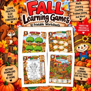 May include: A set of 10 printable fall learning games and worksheets featuring colorful illustrations of squirrels, scarecrows, pumpkins, and autumn leaves. The pages include activities like apple tree counting, number tracing, connect the dots, and word searches.