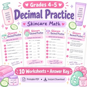 May include: A set of four educational worksheets titled Grades 4-5 Decimal Practice Skincare Math, featuring math problems about decimals. The pages include illustrations of skincare products like lotion, face masks, and cucumber slices in pink and purple.
