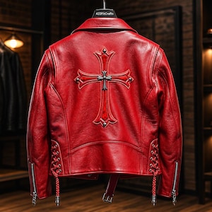 Red Leather Jacket Men – Handmade Cross Patch Gothic Moto Style - Luxury Gift for Him