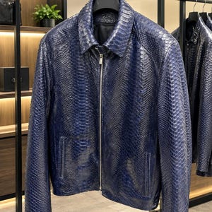 Men's Navy Blue Genuine Python Leather Jacket | Biker Style Snake Skin