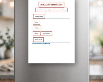 Emergency Contacts Card Printable, Large Print Fridge Card, In Case of Emergency Digital Download
