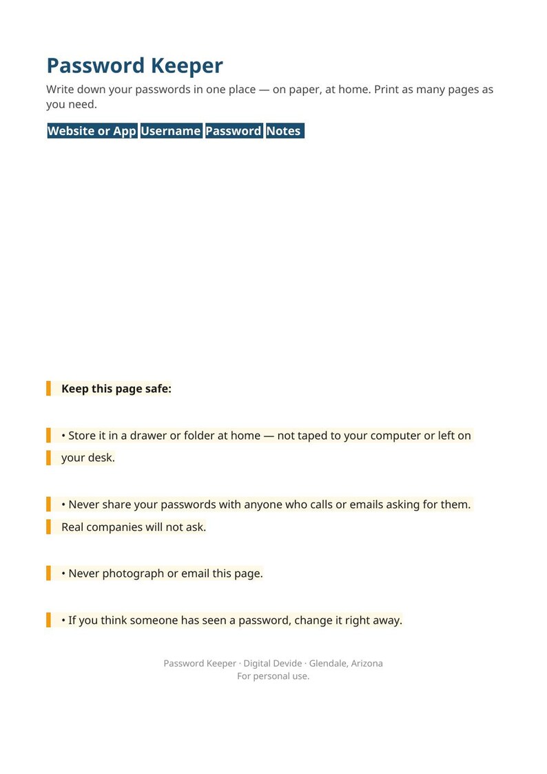 Your Password Should Include Password Keeper Printable, Large Print Password Organizer, Senior ...