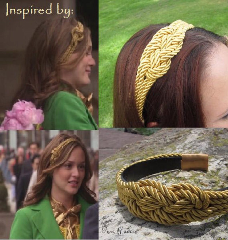 May include: Gold rope headband with a knot design. The headband is worn by a woman with long brown hair. The headband is also shown on a rock surface.