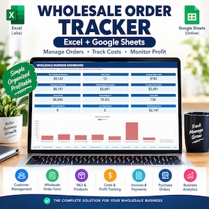 May include: A digital wholesale order tracker for Excel and Google Sheets displayed on a laptop screen. The dashboard shows business metrics like revenue, orders, and profit. Below the screen are icons for customer management, order forms, and analytics.