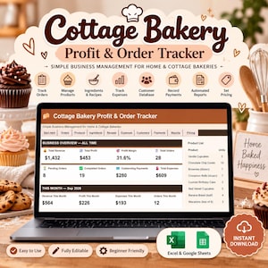 Pode incluir: Uma planilha digital Cottage Bakery Profit & Order Tracker exibida na tela de um laptop. A interface mostra métricas de negócios, incluindo receita, lucro e contagem de pedidos, ao lado de uma lista de produtos. Inclui ícones do Excel e do Google Sheets.