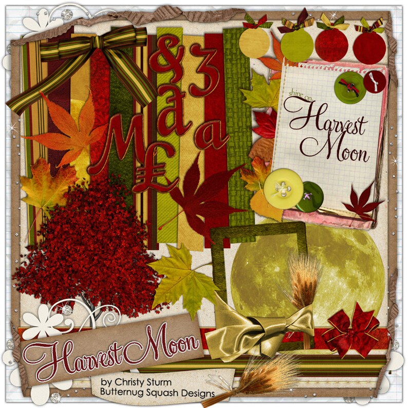 Harvest Moon Fall Autumn Digital Scrapbooking Kit Red Gold Green Leaves ...