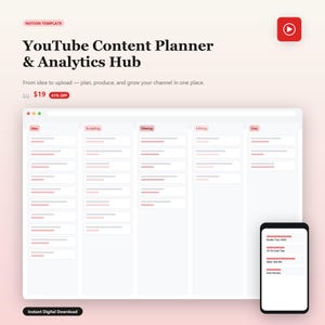 May include: A digital Notion template titled YouTube Content Planner & Analytics Hub. The interface displays columns for Idea, Scripting, Filming, Editing, and Live stages. A smartphone graphic shows a list of video titles including Studio Tour 2024.