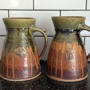 Set of 2 Beautiful Leaf Fall Colored Pottery Mugs Signed with Stamp